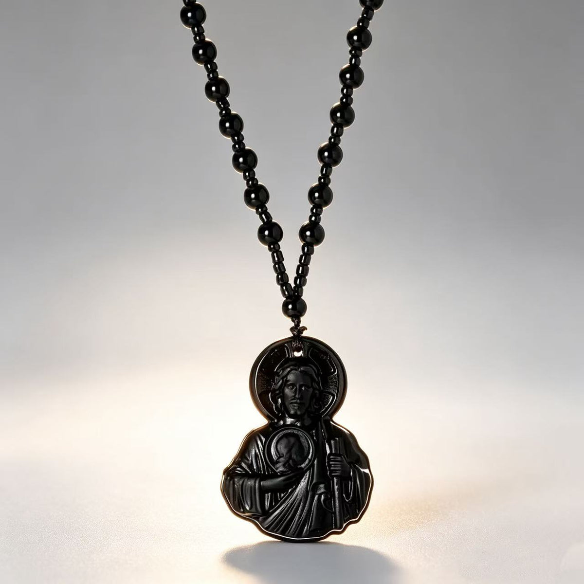 Natural Obsidian Jesus Sacred Heart Pendant Necklace
