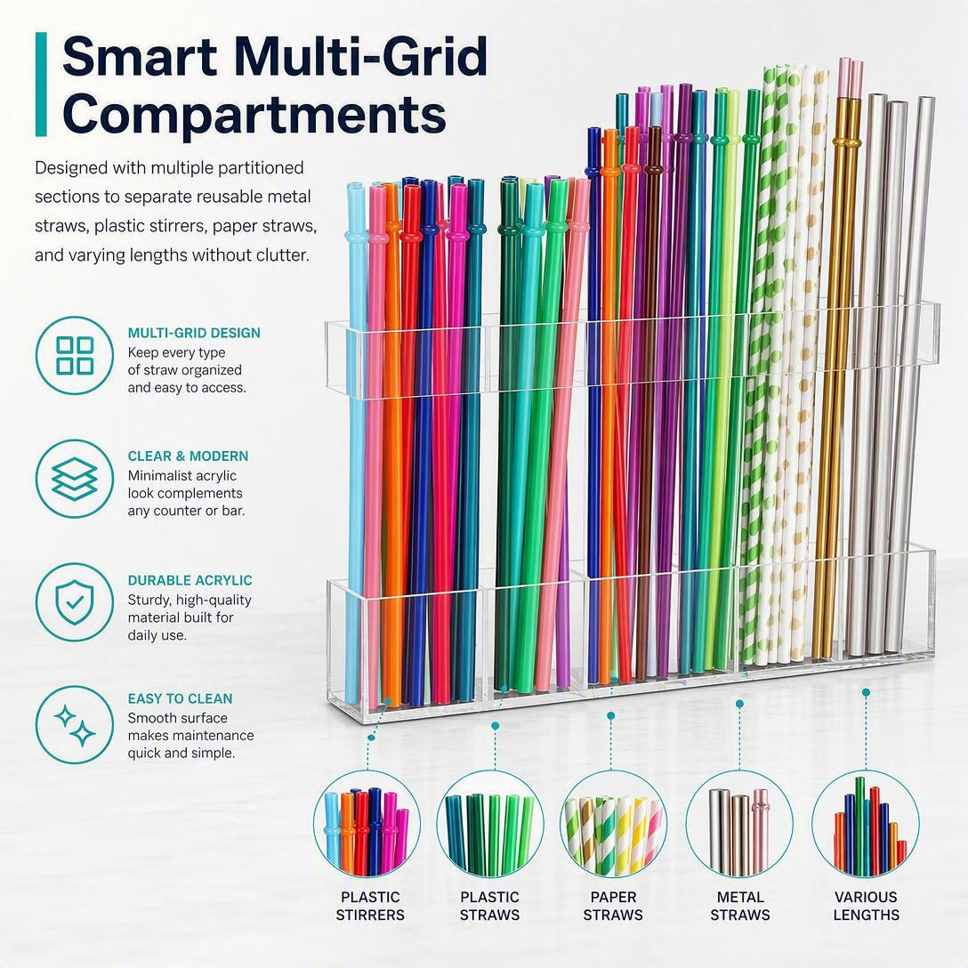 🗂️Multi-Grid Acrylic Drinking Straw Organizer