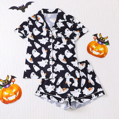 🎃👔Women's Halloween Printed Collar Short-Sleeved Shorts Pajama Set