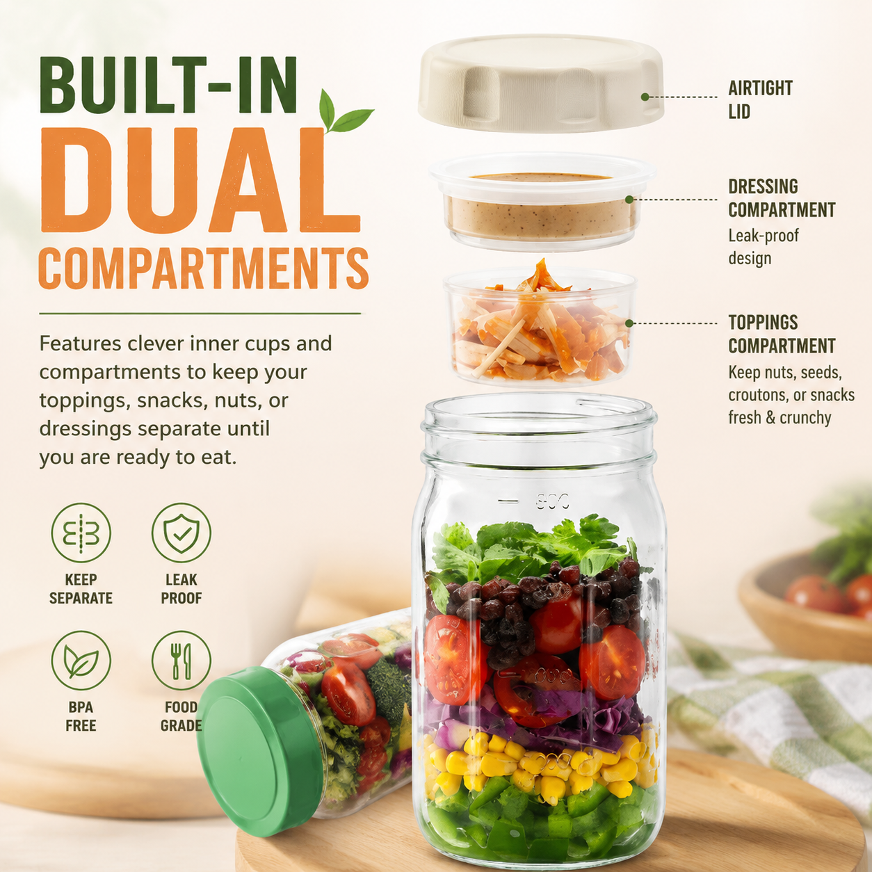 🥗Leak-proof salad lunch jar - with built-in divider