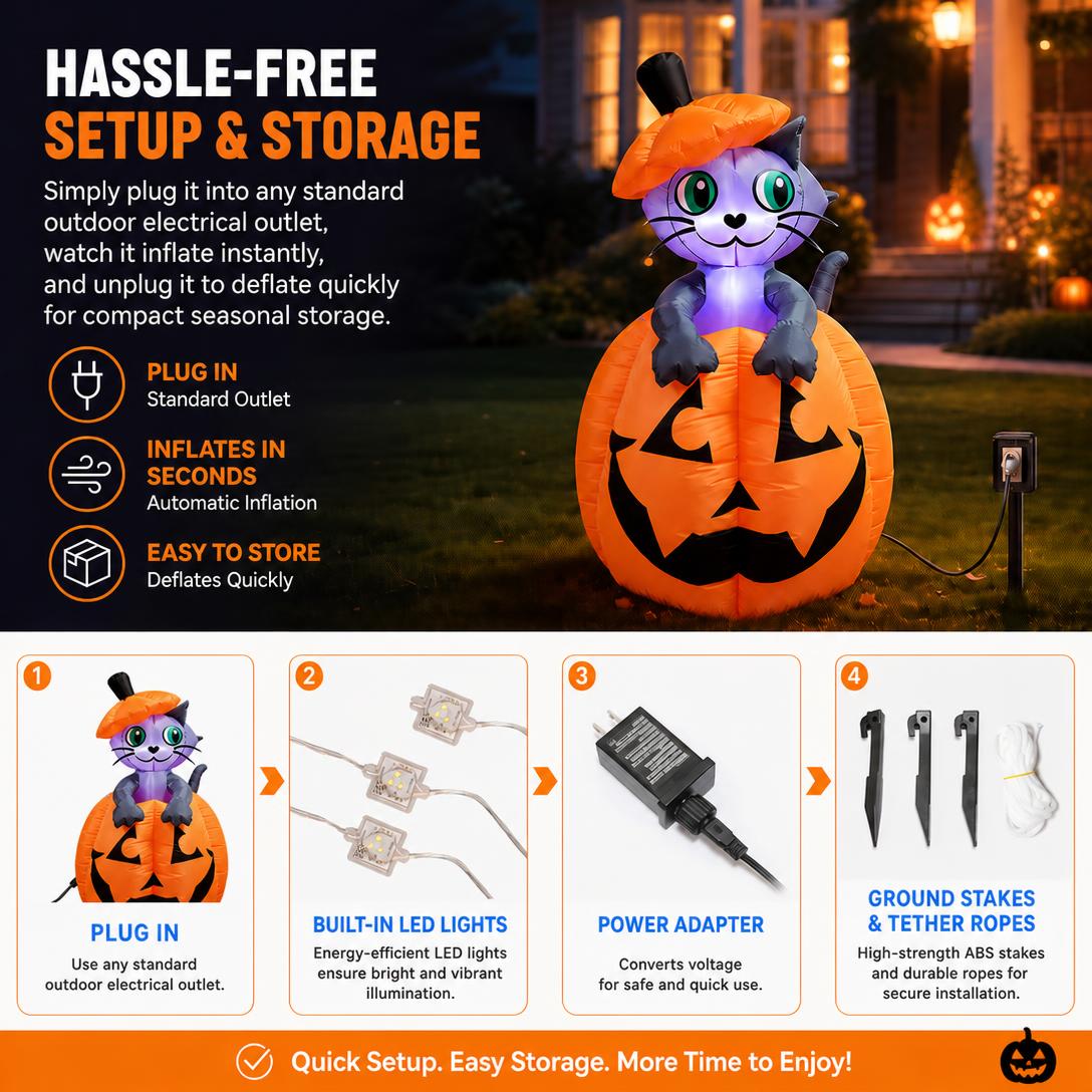 🎃Animated Halloween inflatable cat pumpkin with LED lights