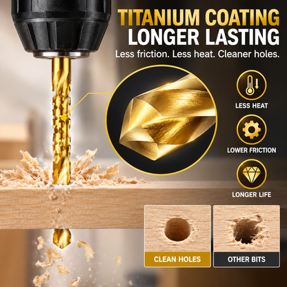 ⚙️Titanium-coated high-speed steel drill bit kit, suitable for metalworking and wood drilling