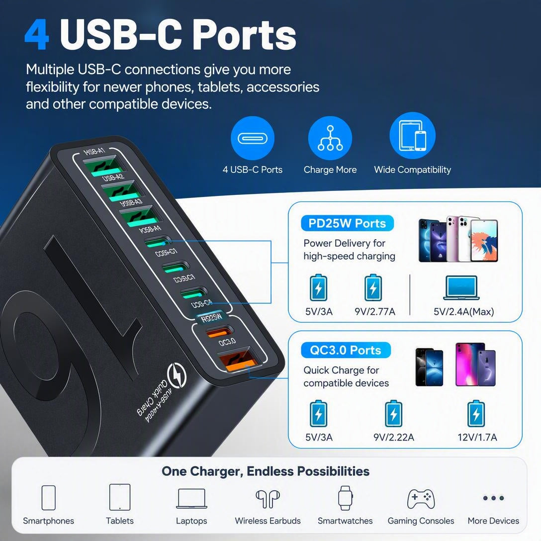 Portable Smart 8-Port Charger, Suitable For A Variety Of Devices