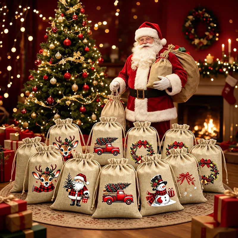 🎁 Christmas Drawstring Gift Bags – Festive Santa & Reindeer Prints, Double Drawstring Closure & Durable Fabric – Holiday Cheer in Every Gift ✨