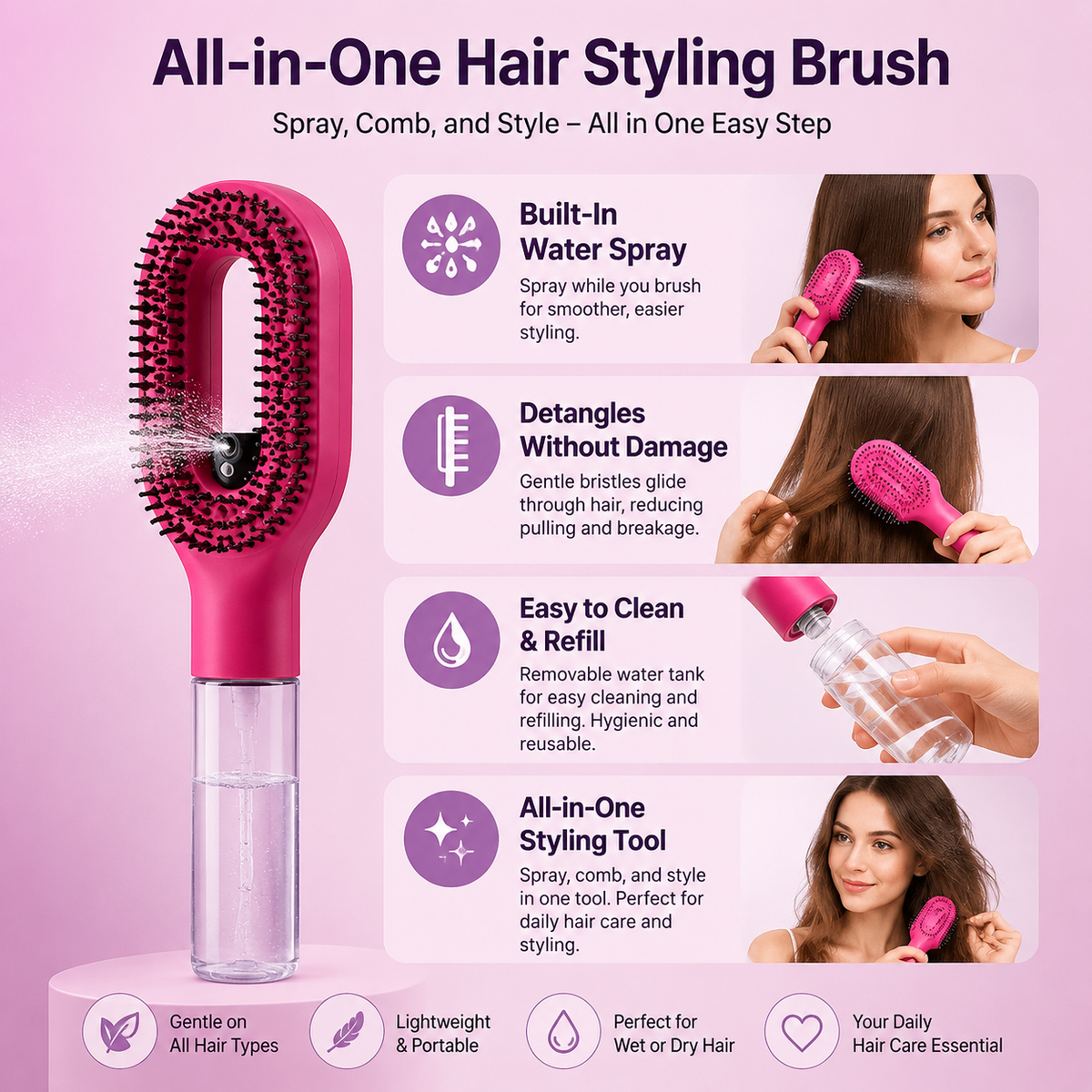 2‑in‑1 Spray Hair Brush, Refillable Detangling Styling Brush with Built‑in Water Spray