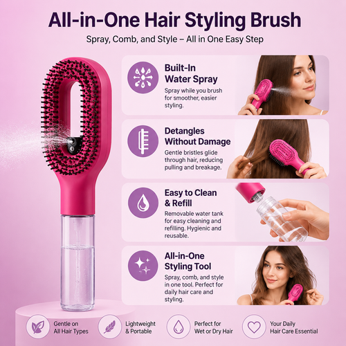 2‑in‑1 Spray Hair Brush, Refillable Detangling Styling Brush with Built‑in Water Spray