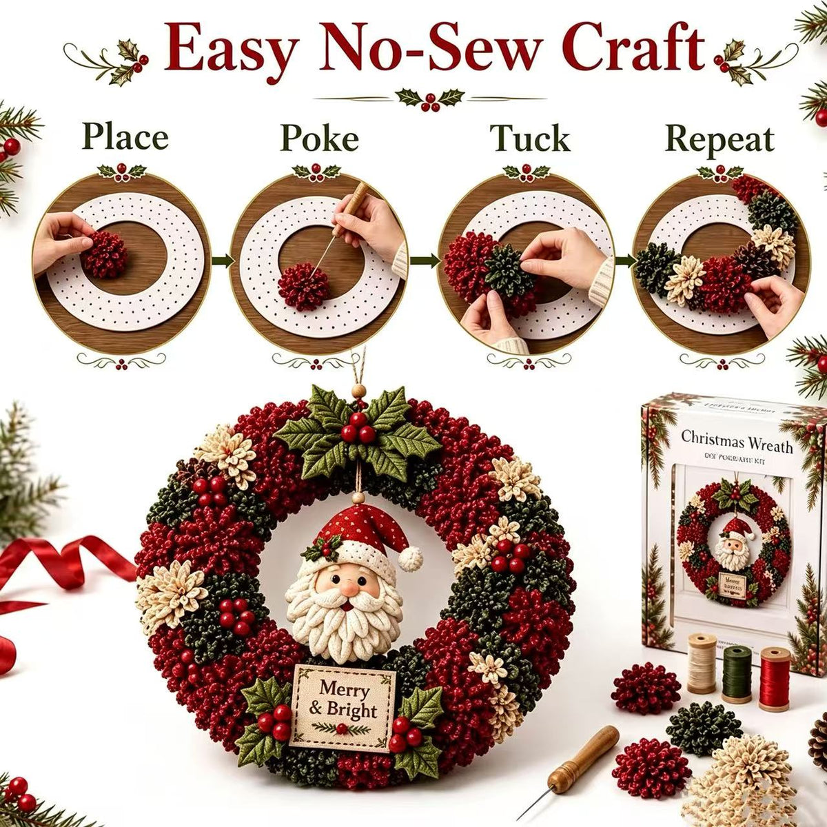 3D Fabric Stamped Wreath DIY Set, Adult Christmas Wreath Craft Set