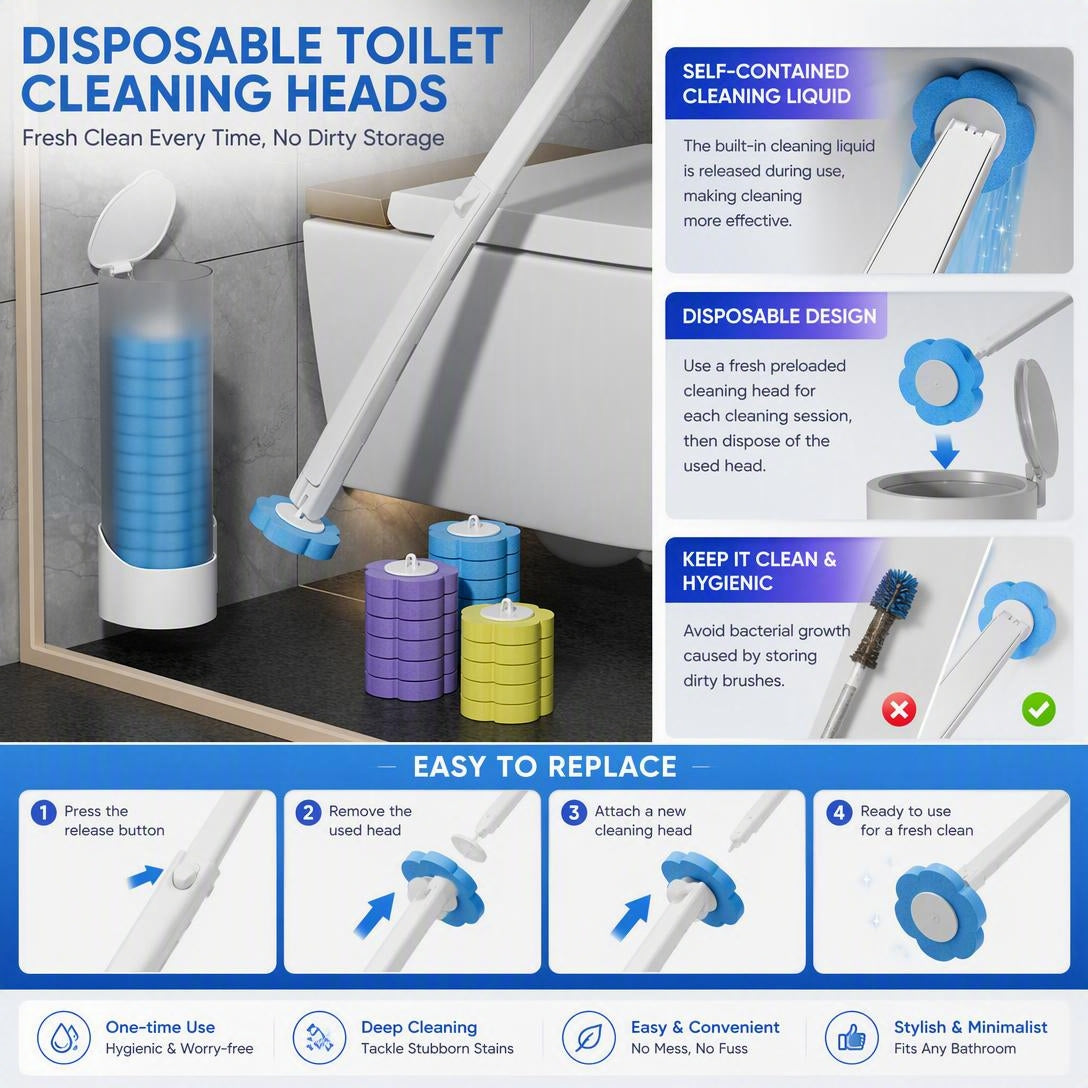 Disposable Toilet Brush Wall-Mounted With Replaceable Brush Heads.