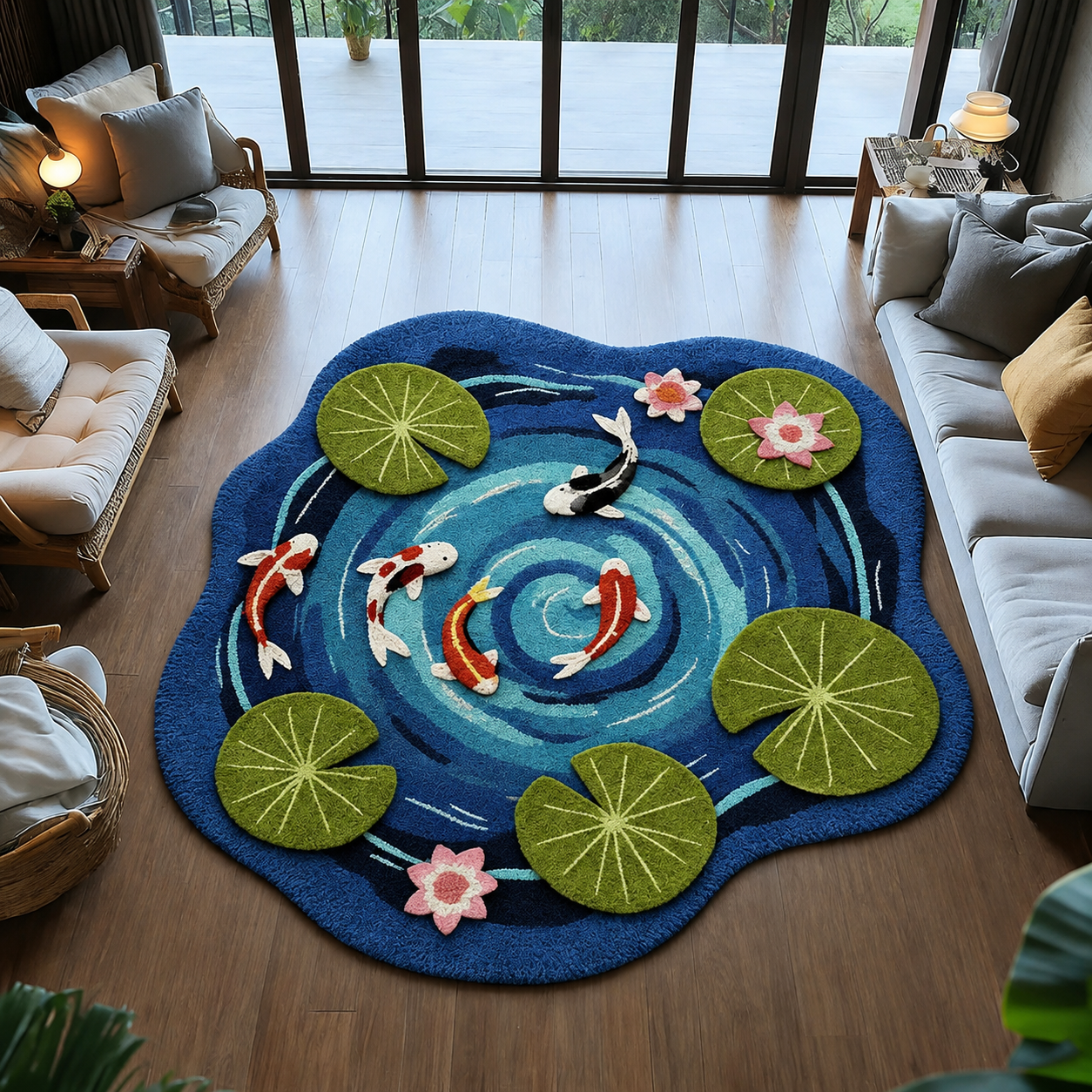 🐠Koi and lotus pond pattern plush carpet