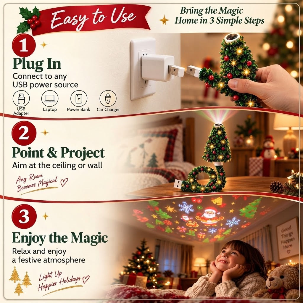 🎄Plug-and-Play HD USB Christmas Tree Projector with 6 Festive Scenes