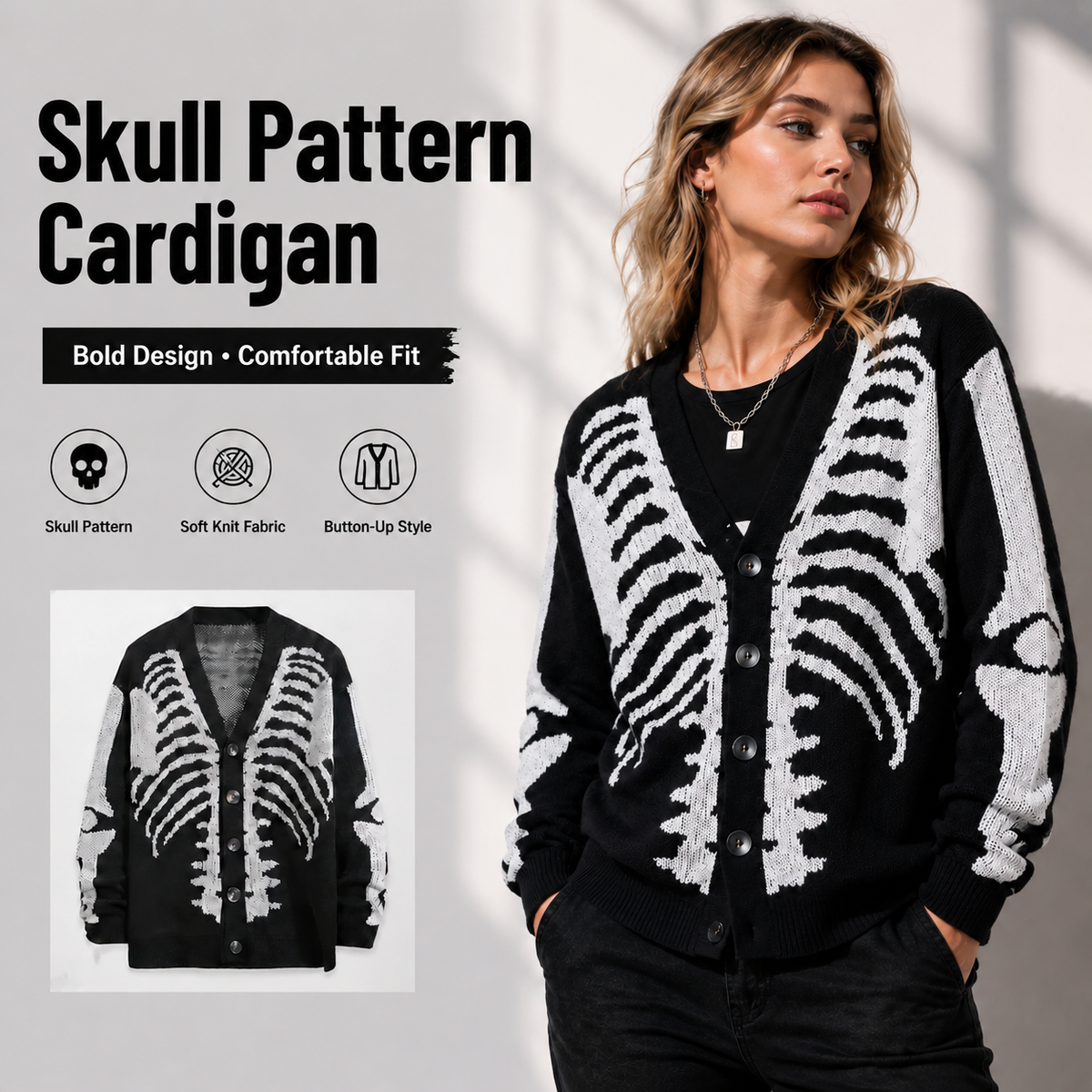 🧥Skull Print Button-Up Sweater