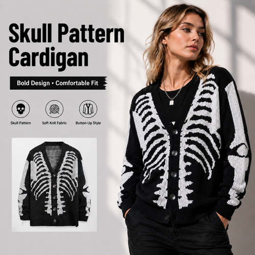 🧥Skull Print Button-Up Sweater