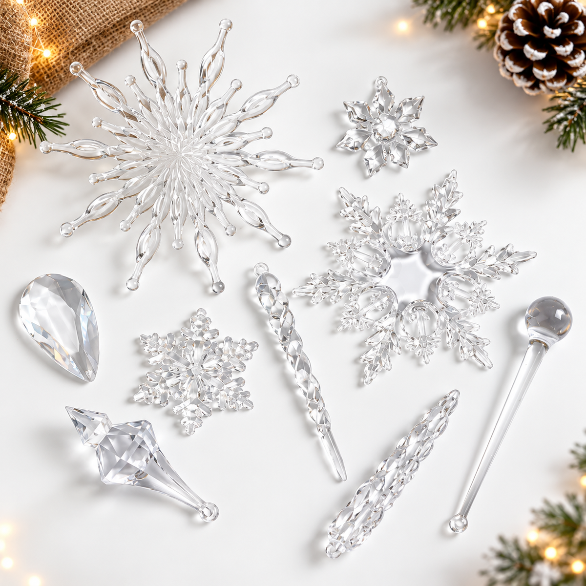 Clear Crystal Snowflake & Icicle Christmas Ornaments
