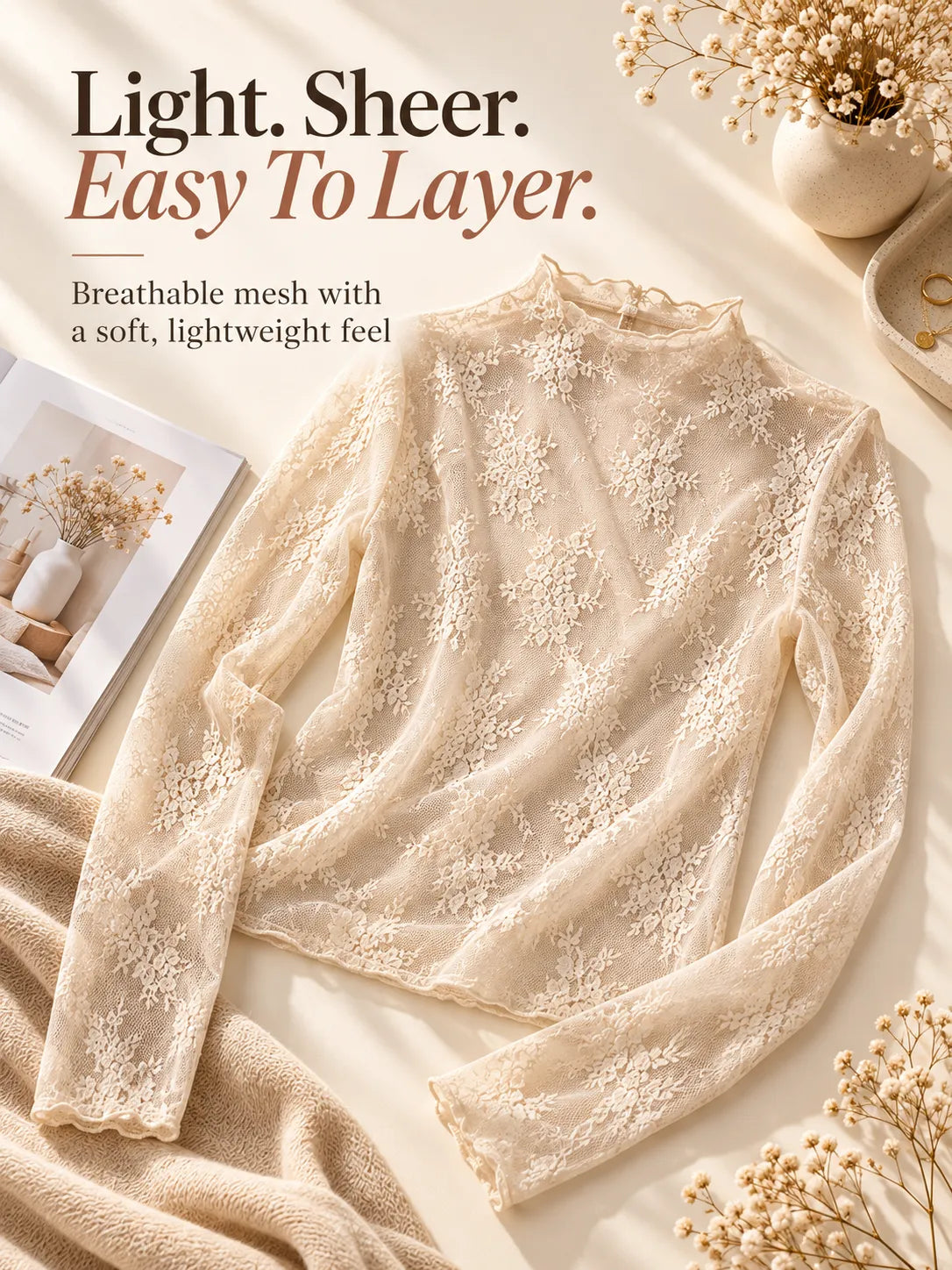 Lightweight sheer floral mesh long sleeve layering top