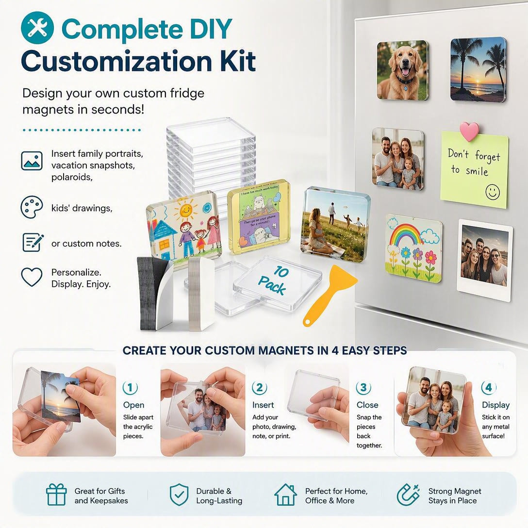 🧲📸 10-Pcs Magnetic Clear Acrylic Photo Frames DIY Fridge Magnets