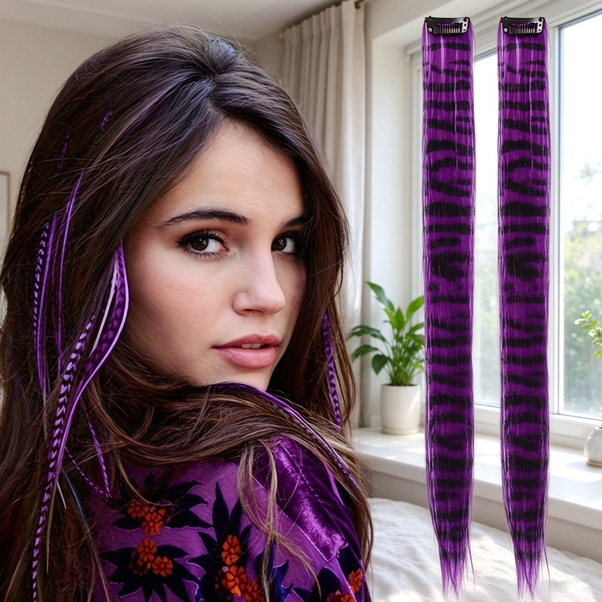 🎨Colored clip-on highlights hair extensions（2Pcs）