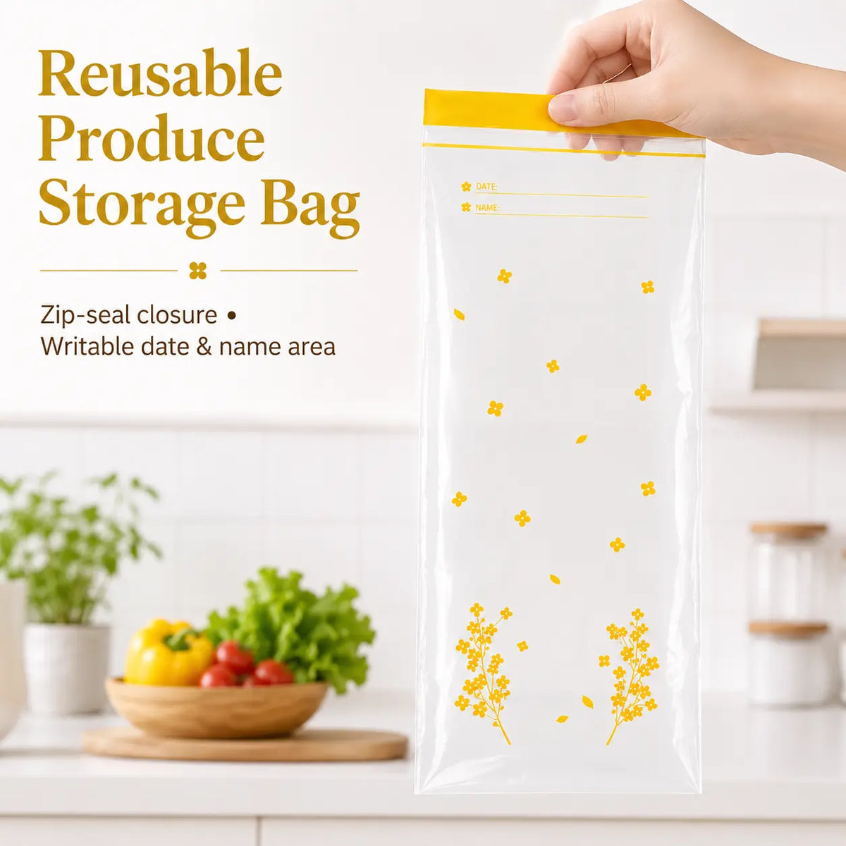 Reusable produce storage bag with writable date and name area