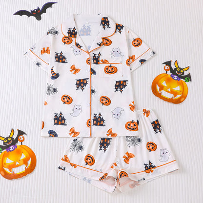 🎃👔Women's Halloween Printed Collar Short-Sleeved Shorts Pajama Set