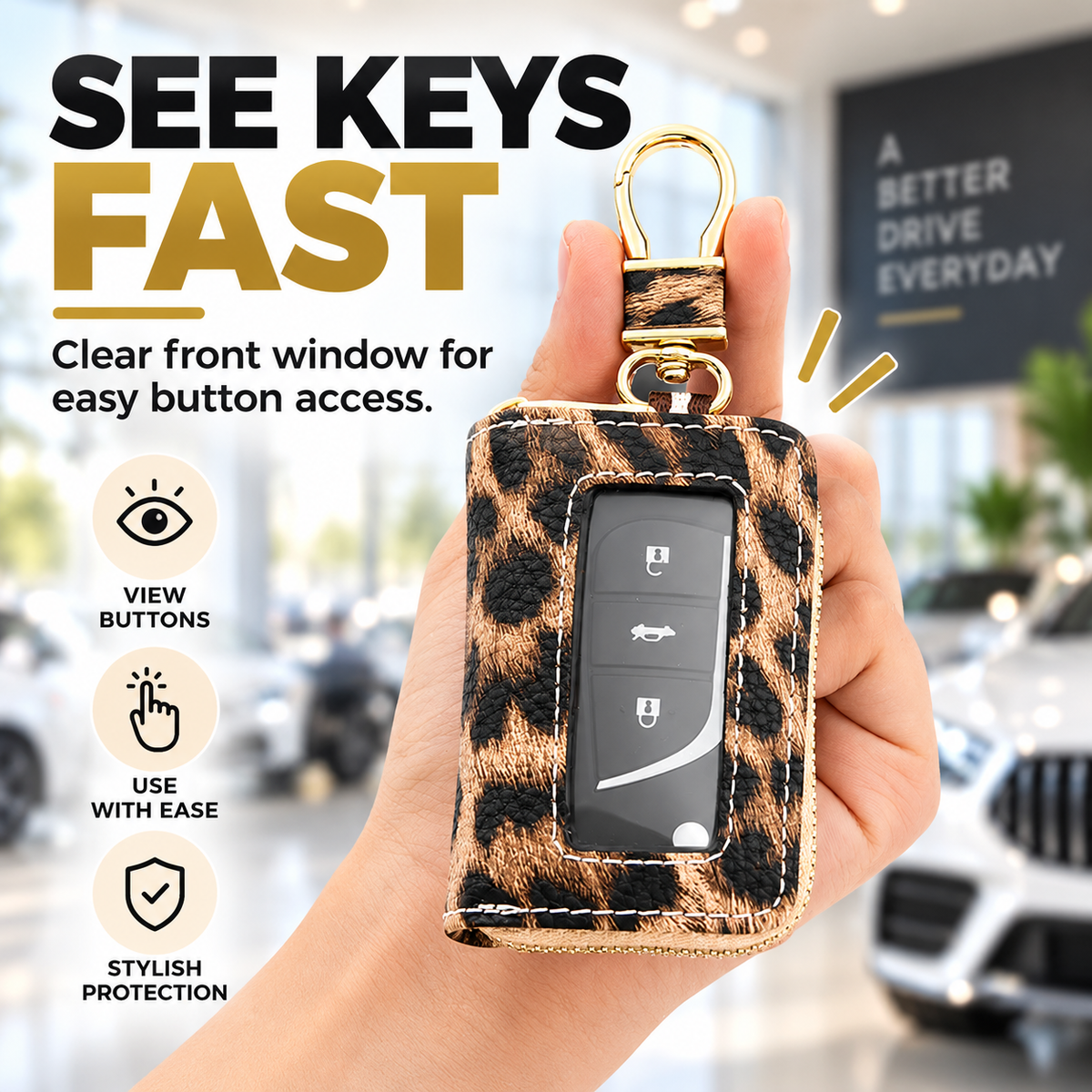 🐆Leopard-Print Ultra-Soft PU Leather Universal Car Key Pouch – Zippered Organizer with Transparent Window