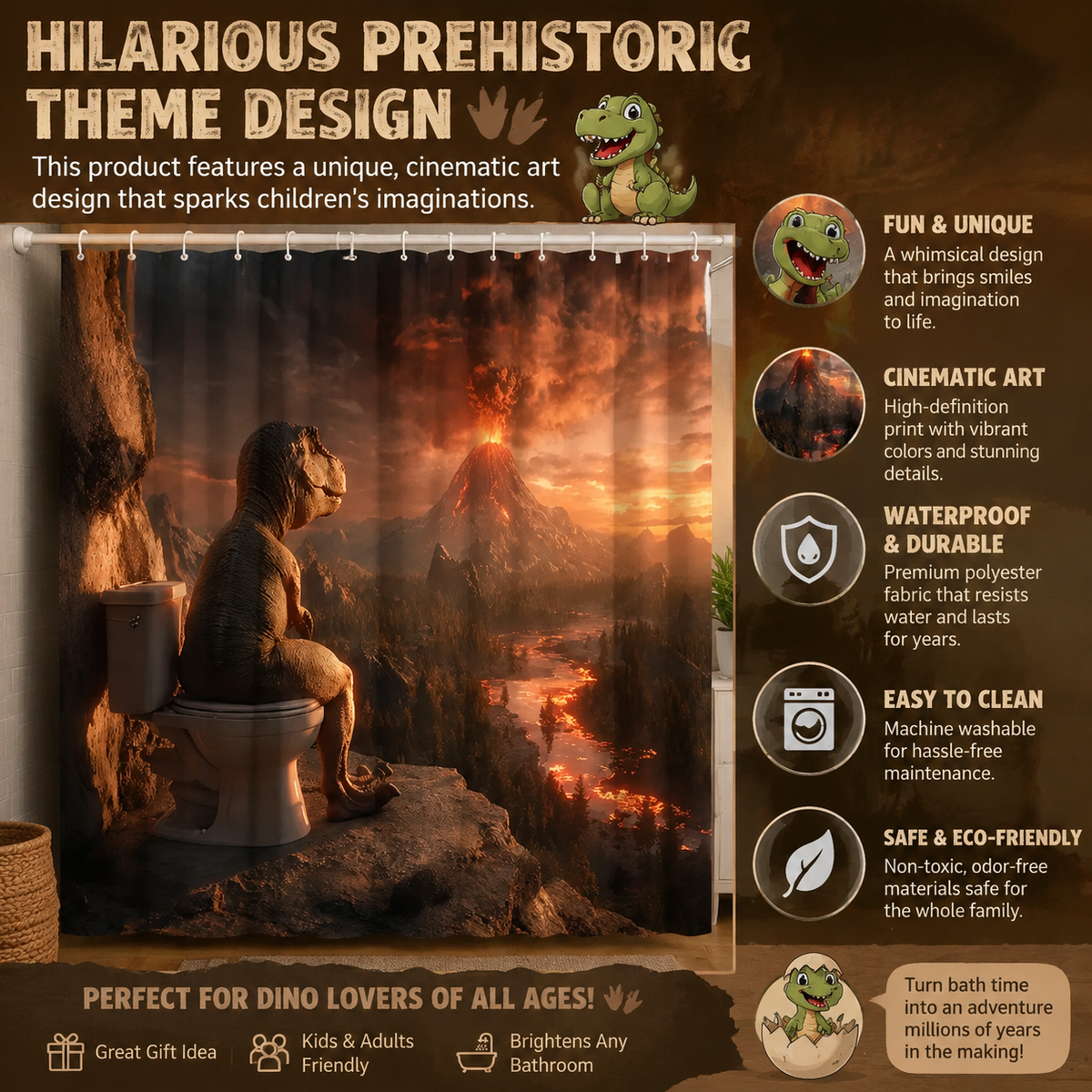 🌋Dinosaur Volcano Waterproof Fabric Shower Curtain