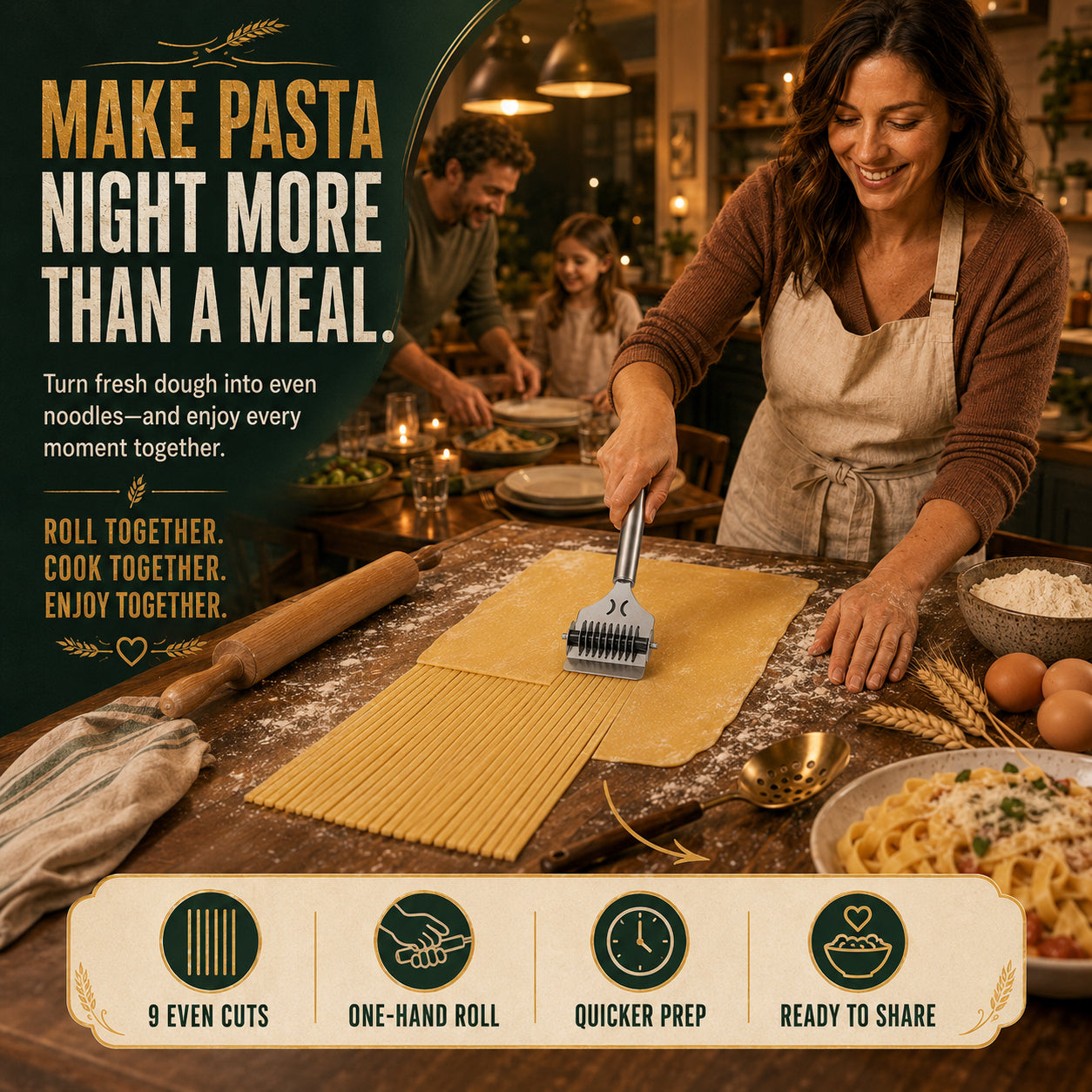Buy 1 Get 1 Free🍝 Perfect Homemade Noodles in One Smooth Roll! 9-Wheel Stainless Steel Noodle & Dough Cutter ✨