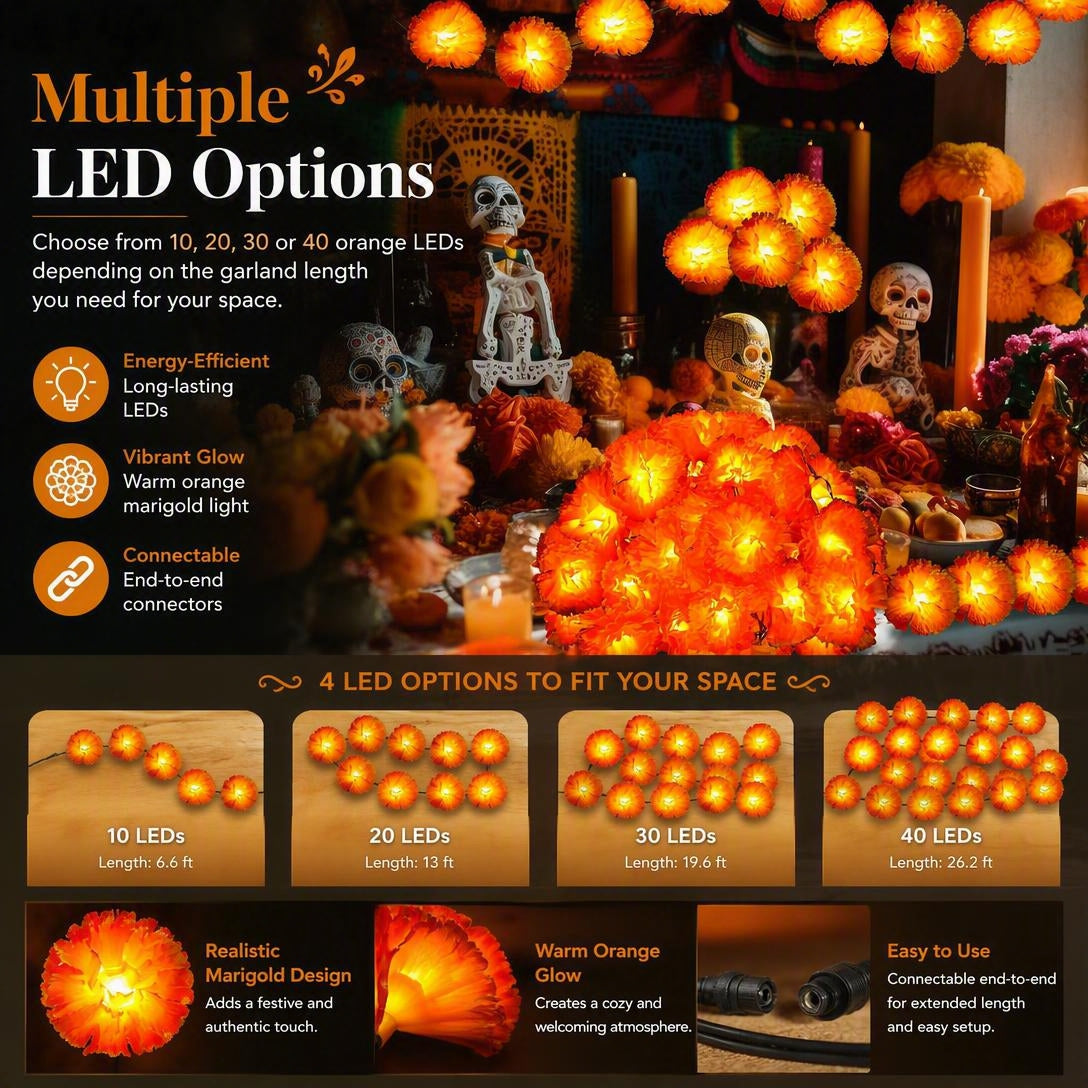 Marigold LED Memorial String Lights For Ofrendas & Remembrance