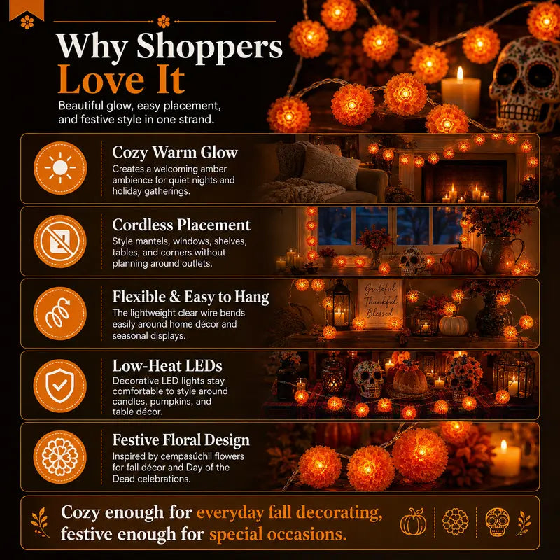 Marigold LED Memorial String Lights For Ofrendas & Remembrance