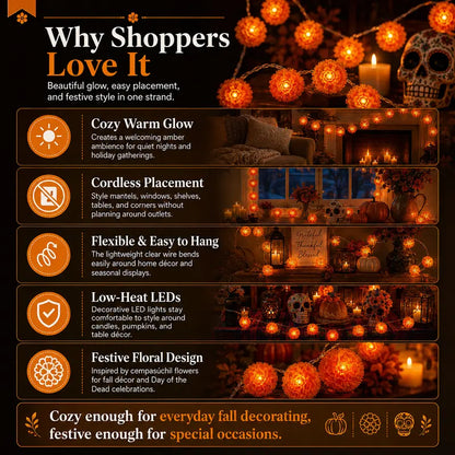 Marigold LED Memorial String Lights For Ofrendas & Remembrance