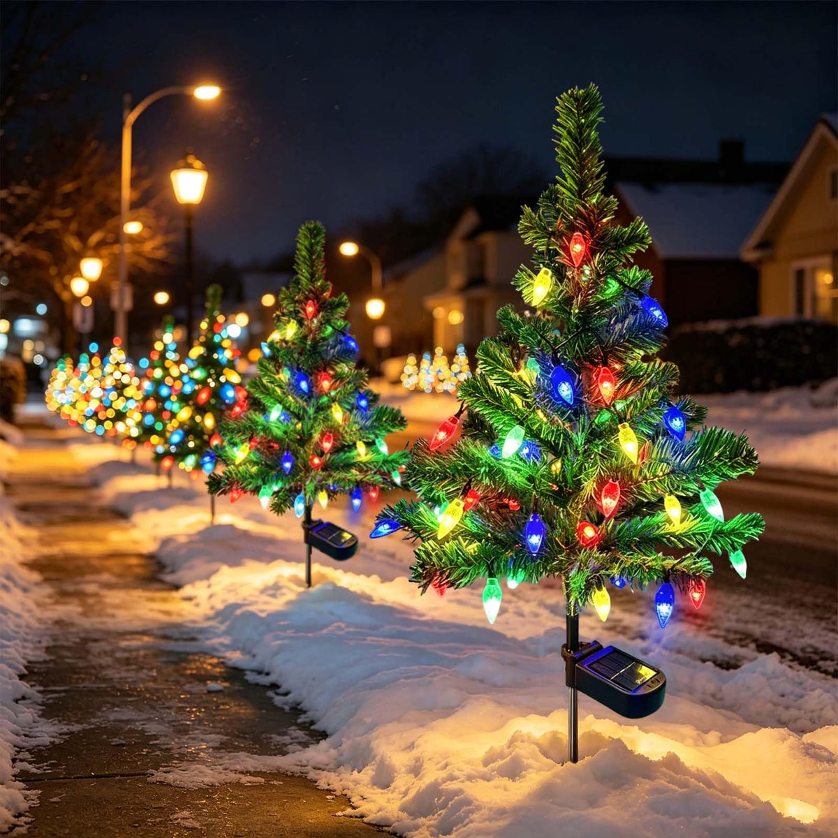 Solar Christmas tree stake lights lining a snowy outdoor walkway