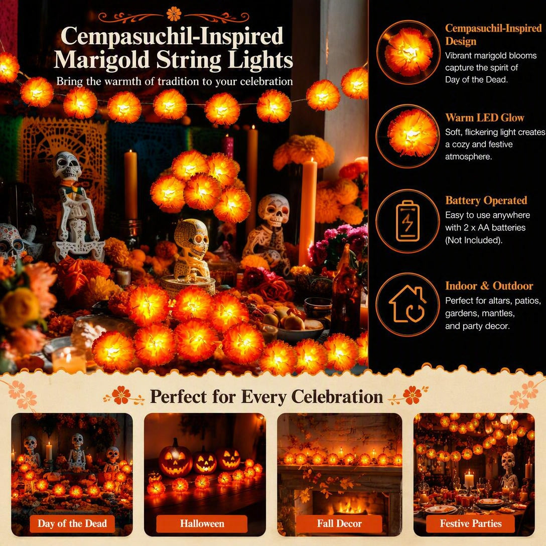 Marigold LED Memorial String Lights For Ofrendas & Remembrance