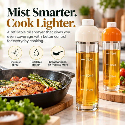 Vertical Downward Oil Sprayer Mister for Air Fryer & Cooking – Bottom Dispensing Fine Mist Olive Oil Bottle with Measurement Scale & Base Stand
