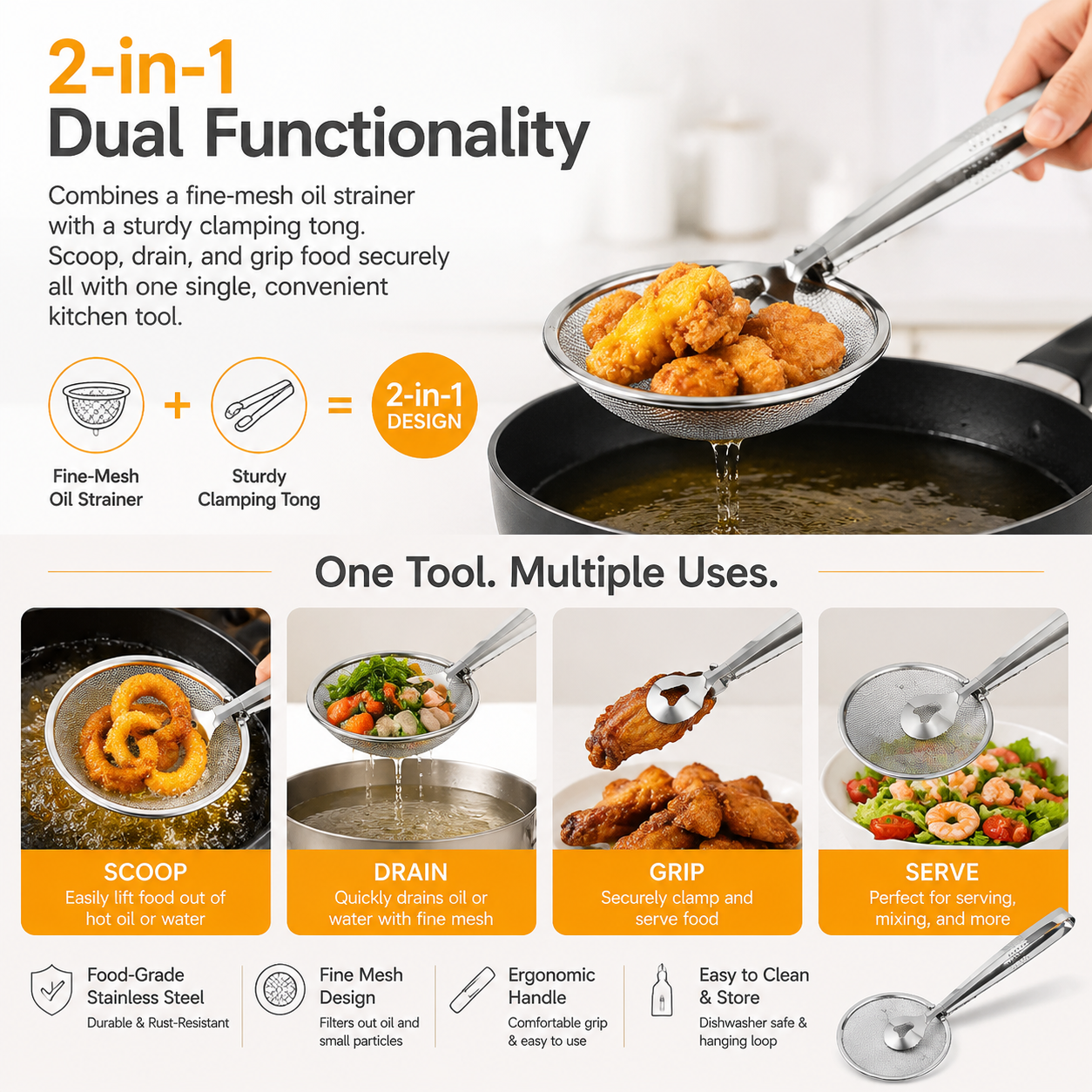 🍳2-in-1 Stainless steel frying filter clip