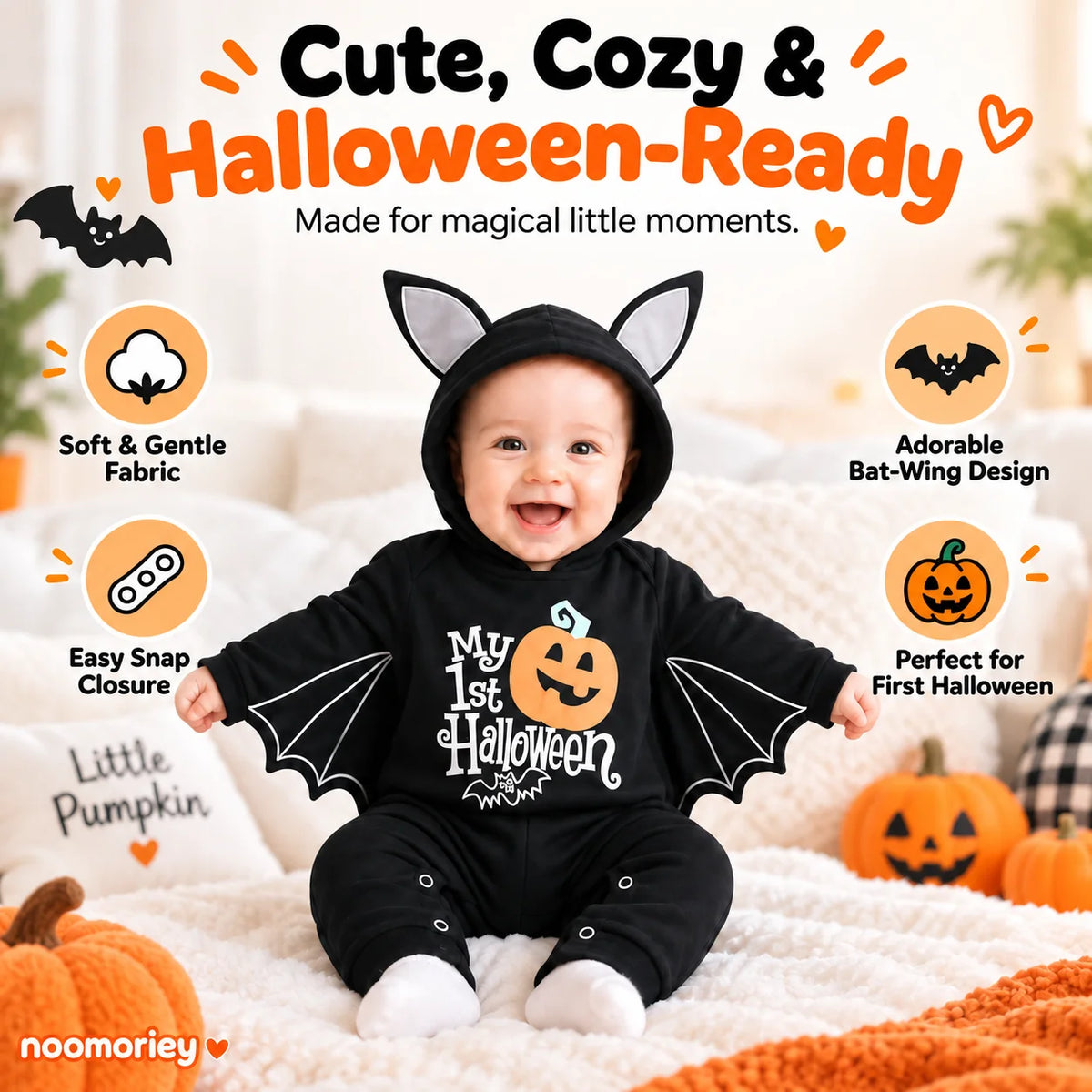 🎃 Baby's 1st Halloween Bat Romper – Super Soft Winged Hooded Onesie 🦇✨