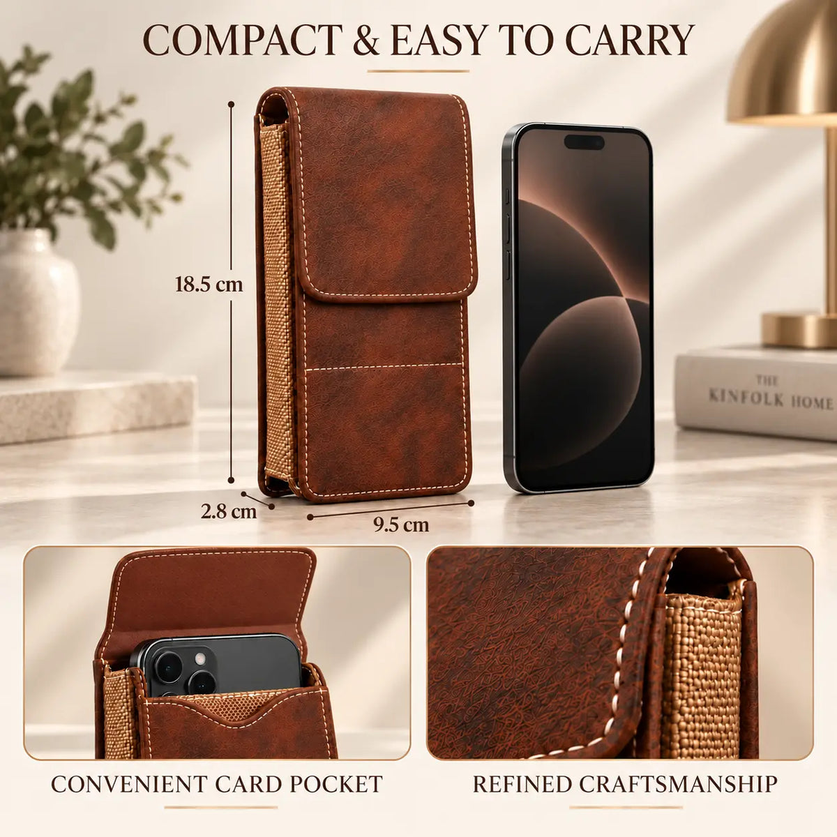 Compact waist phone pouch with card pocket and product dimensions