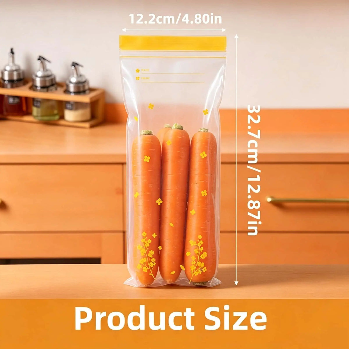 Reusable produce storage bag measuring 12.87 by 4.80 inches