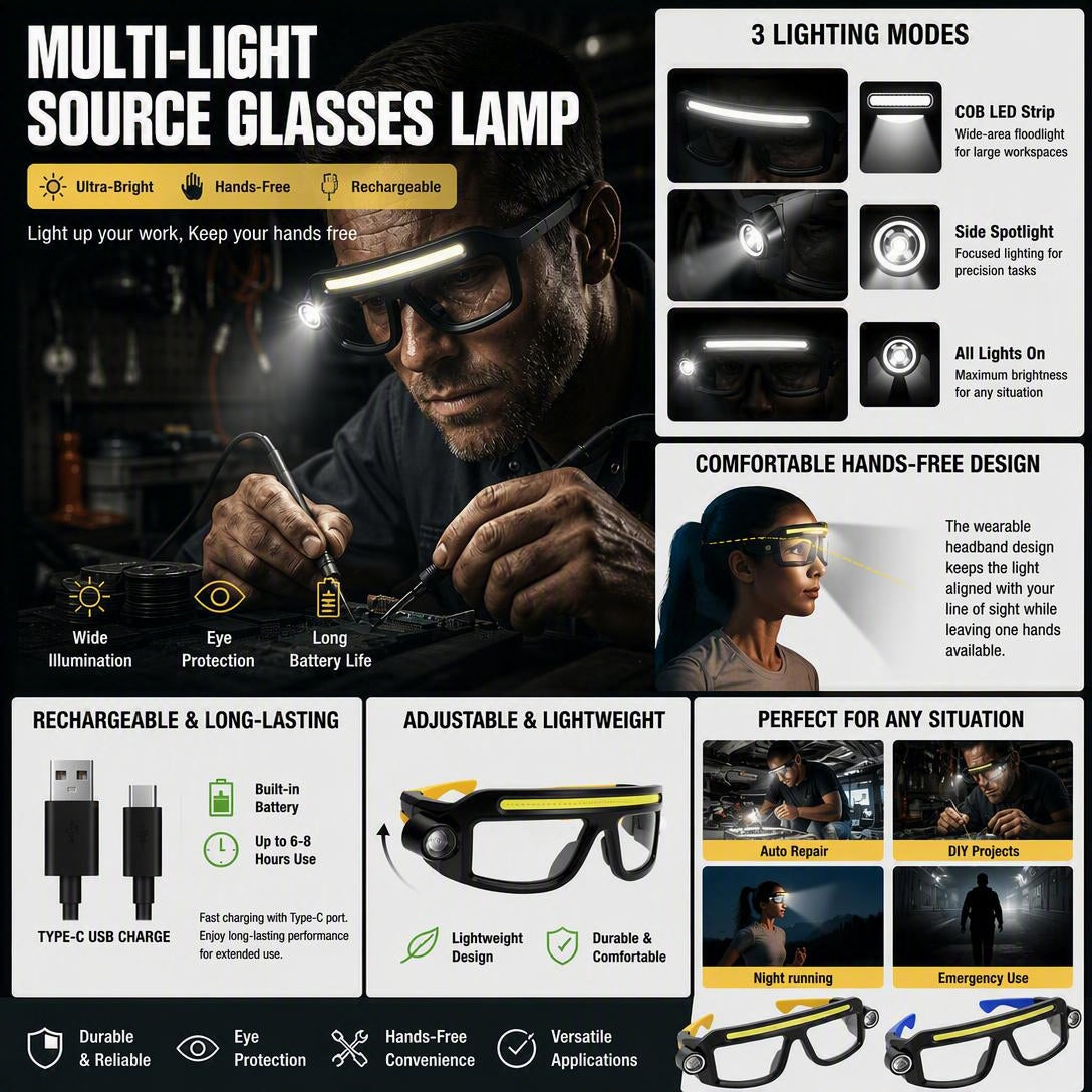 Rechargeable Lighted Safety Glasses with LED Headlamp