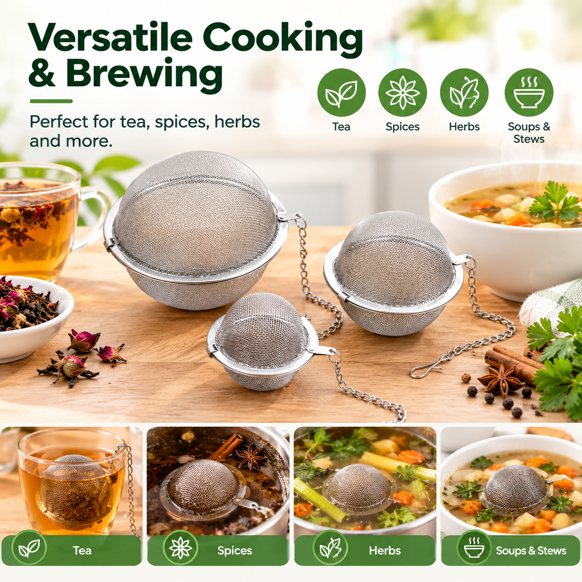 🍵🔗Stainless steel spice balls with chain - suitable for soups, broths, stews, seasonings, and cooking