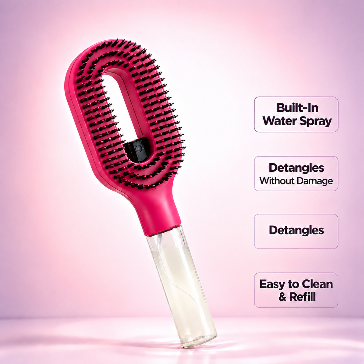 2‑in‑1 Spray Hair Brush, Refillable Detangling Styling Brush with Built‑in Water Spray