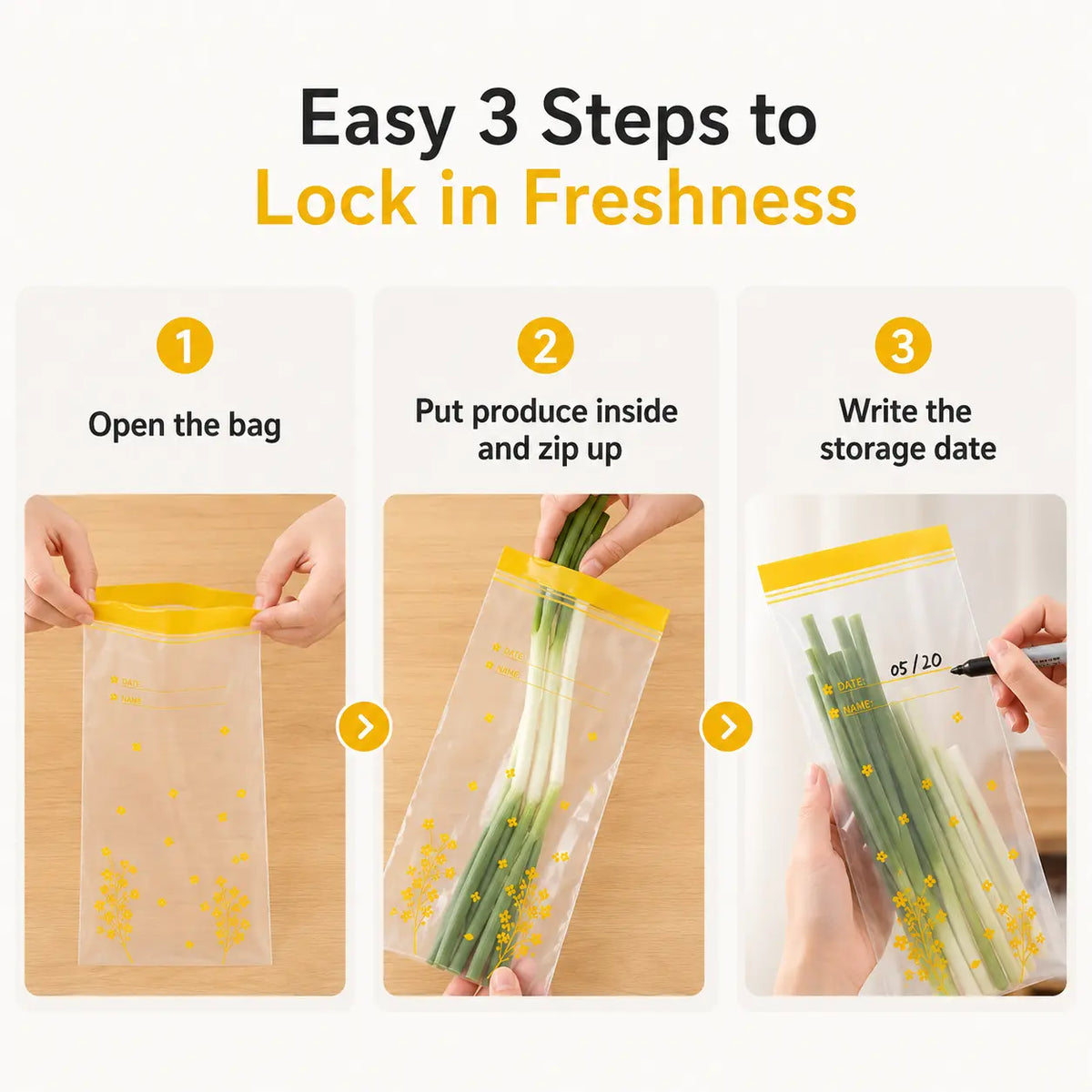 Three steps for using reusable produce storage bags