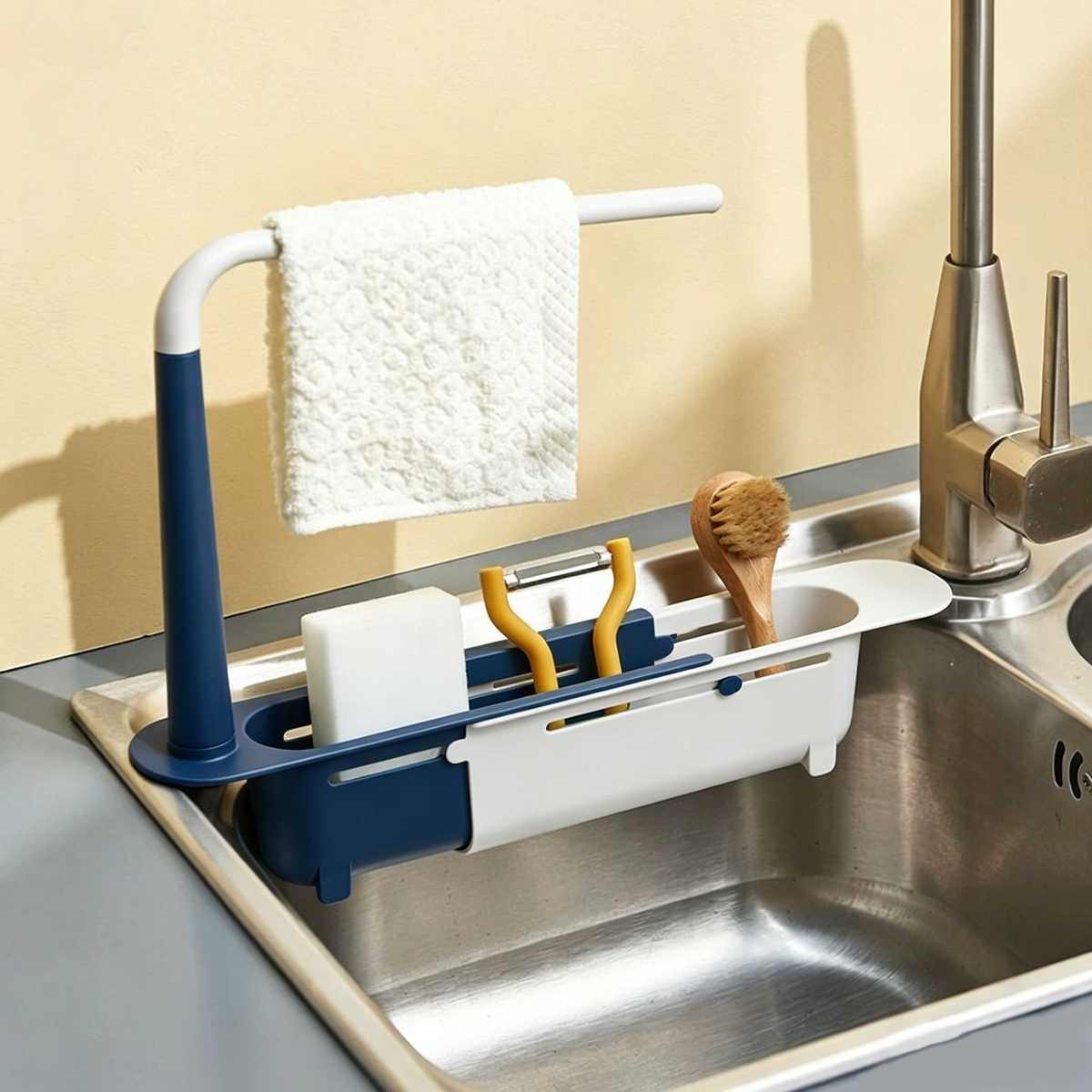 🧻Extendable kitchen storage rack - with clothes rod and perforated drain side panel