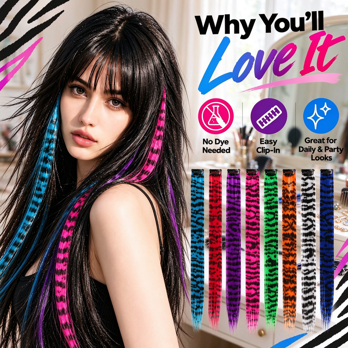 🎨Colored clip-on highlights hair extensions（2Pcs）