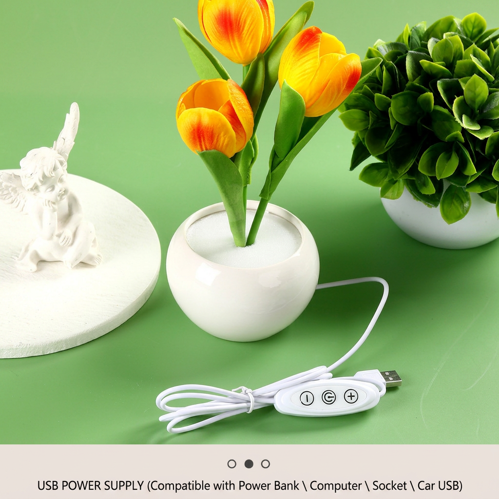 🌷LED Dimmable Plastic Tulip Artificial Flower Desk Lamp with Vase
