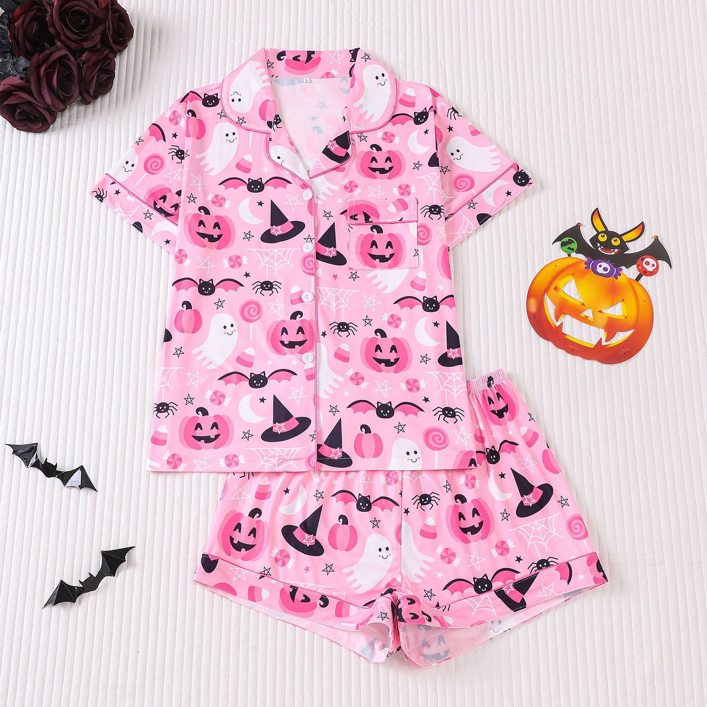 🎃👔Women's Halloween Printed Collar Short-Sleeved Shorts Pajama Set