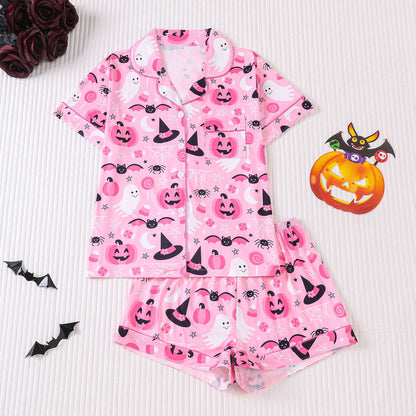 🎃👔Women's Halloween Printed Collar Short-Sleeved Shorts Pajama Set