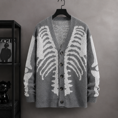 🧥Skull Print Button-Up Sweater