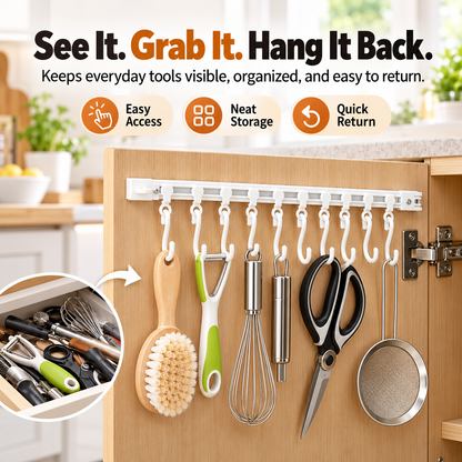 10-Hook Adjustable Multifunctional Slide Rail Adhesive Wall Organiser - Kitchen Utensil Holder