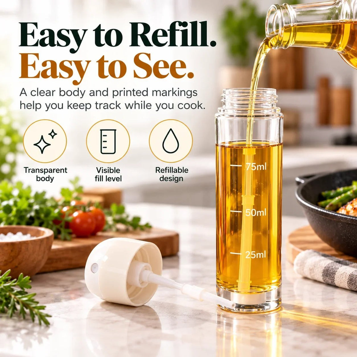 Vertical Downward Oil Sprayer Mister for Air Fryer & Cooking – Bottom Dispensing Fine Mist Olive Oil Bottle with Measurement Scale & Base Stand