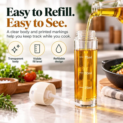 Vertical Downward Oil Sprayer Mister for Air Fryer & Cooking – Bottom Dispensing Fine Mist Olive Oil Bottle with Measurement Scale & Base Stand