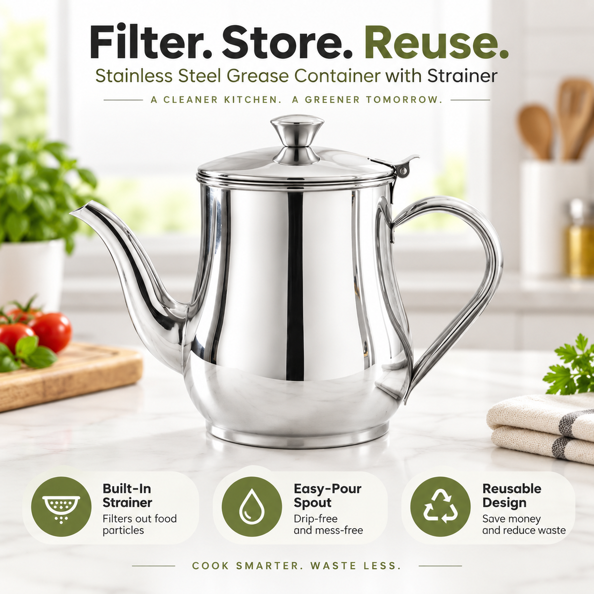 Stainless Steel Grease Container with Strainer