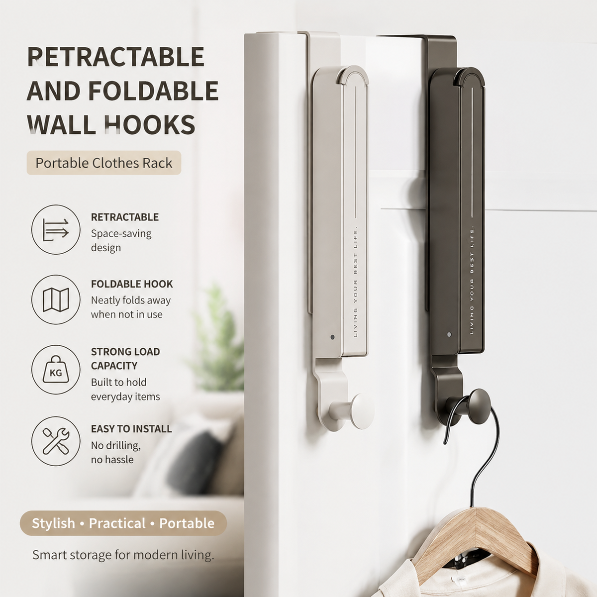 🛠️Retractable and foldable wall hooks - portable clothes rack